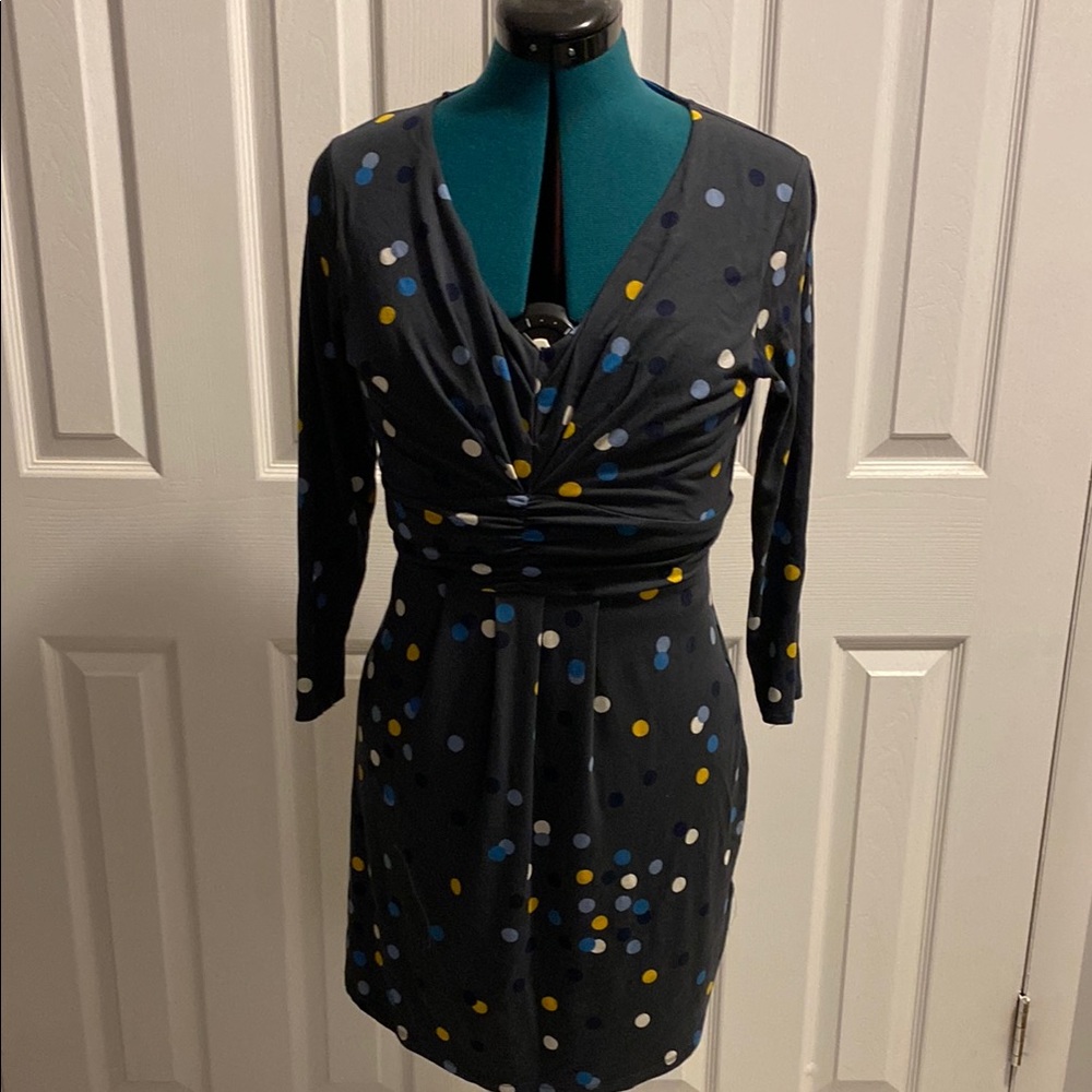 Boden Knit Polka Dot Dress in grey w/ blue, yellow, white, black dots.